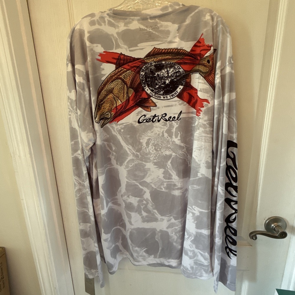 Get Reel Mens 2XL Gray Fish Print Long Sleeves Performance UV Fishing Shirt FL